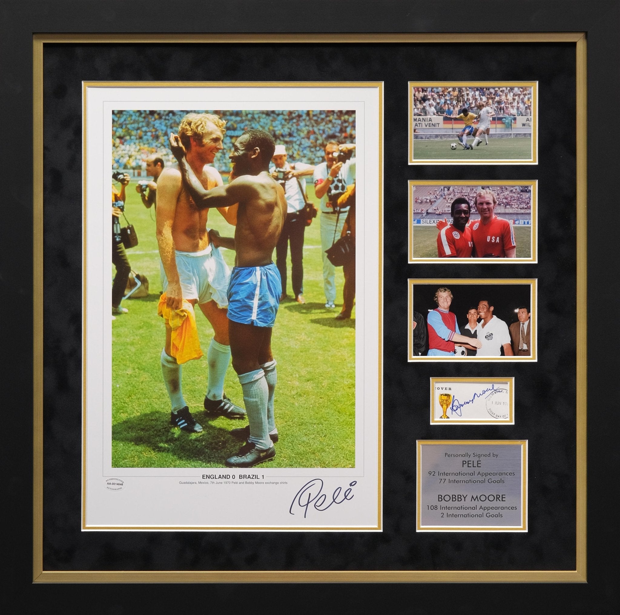 Pele and Bobby Moore signed Photograph with Silver Plaque Framed Display - Memorabilia Framers Shop